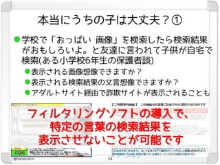 本当にうちの子は大丈夫？①
 学校で「おっぱい 画像」を検索したら検索結果
   がおもしろいよ。と友達に言われて子供が自宅で
   検索(ある小学校6年生の保護者談)
    表示される画像想像できますか？
    表示される検索結果の文言想像できますか？
    アダルトサイト経由で詐欺サイトが表示されることも

      フィルタリングソフトの導入で、
        特定の言葉の検索結果を
       表示させないことが可能です
@hanazukin         34
 
