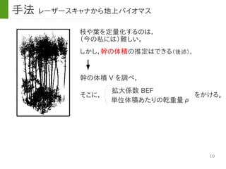 10
枝や葉を定量化するのは，
（今の私には）難しい。
幹の体積 V を調べ，
しかし，幹の体積の推定はできる（後述）。
拡大係数 BEF
をかける。そこに，
単位体積あたりの乾重量ρ
手法 レーザースキャナから地上バイオマス
 