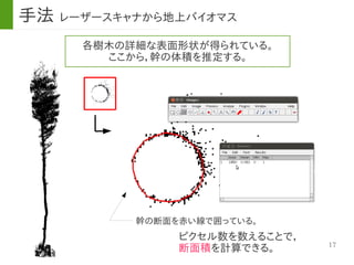 17
各樹木の詳細な表面形状が得られている。
ここから，幹の体積を推定する。
幹の断面を赤い線で囲っている。
ピクセル数を数えることで，
断面積を計算できる。
手法 レーザースキャナから地上バイオマス
 