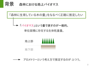 2
背景　森林における地上バイオマス
「森林に生育している木の量」をなるべく正確に推定したい
「バイオマス」という量で表すのが一般的。
単位面積に存在する生体乾重量。
地上部
地下部
アロメトリーという考え方で推定するのが ふつう。
 