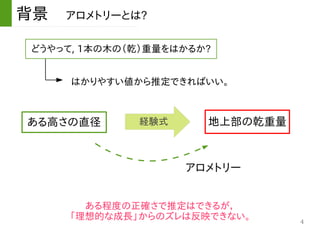 4
背景　アロメトリーとは?
どうやって, 1本の木の（乾）重量をはかるか?
はかりやすい値から推定できればいい。
ある高さの直径 経験式 地上部の乾重量
アロメトリー
ある程度の正確さで推定はできるが，
「理想的な成長」からのズレは反映できない。
 