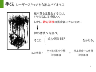 9
枝や葉を定量化するのは，
（今の私には）難しい。
幹の体積 V を調べ，
拡大係数 =
しかし，幹の体積の推定はできる（後述）。
拡大係数 BEF
をかける。そこに，
幹の体積
幹+枝+葉 の体積
=
幹の体積
地上部全体の体積
手法 レーザースキャナから地上バイオマス
 