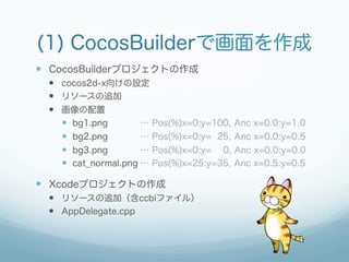 (1) CocosBuilderで画面を作成
—  CocosBuilderプロジェクトの作成
  —  cocos2d-x向けの設定
  —  リソースの追加
  —  画像の配置
      —  bg1.png        … Pos(%)x=0:y=100, Anc x=0.0:y=1.0
      —  bg2.png        … Pos(%)x=0:y= 25, Anc x=0.0:y=0.5
      —  bg3.png        … Pos(%)x=0:y= 0, Anc x=0.0:y=0.0
      —  cat_normal.png … Pos(%)x=25:y=35, Anc x=0.5:y=0.5

—  Xcodeプロジェクトの作成
  —  リソースの追加（含ccbiファイル）
  —  AppDelegate.cpp
 