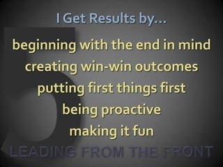 I Get Results by…
beginning with the end in mind
  creating win-win outcomes
    putting first things first
        being proactive
         making it fun
 