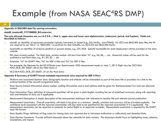Example (from NASA SEAC4RS DMP)
19
Appendix A SEAC4RS data file naming convention:
dataID_locationID_YYYYMMDD_R#.extension
The only allowed characters are: a-z A-Z 0-9_.- (that is, upper case and lower case alphanumeric, underscore, period, and hyphen). Fields are
described as follows:
    dataID: an identifier of measured parameter/species, instrument, or model (e.g., O3; NxOy; and PTRMS). For DC3 and SEAC4RS data files, the PIs
     are required to use “DC3-” or “SEAC4RS-” as prefixes for their DataIDs, i.e., DC3-O3 and SEAC4RS-NxOy.
    locationID: an identifier of airborne platform or ground station, e.g., GV, DC8. Specific locationIDs for each deployment will be provided on the data
     website.
    R#: data revision number. For field data, revision number will start from letter “A”, e.g., RA, RB, … etc. Numerical values will be used for the
     preliminary and final data, e.g., R1, R2, R3 … etc.
    Extension: “ict” for ICARTT files, “h4” for HDF 4 files and “h5” for HDF 5 files.
    For example, the filename for the DC-8 Diode Laser Spectrometer H2O measurement made on June, 1, 2012 flight may be: DC3-DLH-
     H2O_DC8_20120601_RA.ict (for field data) or
    DC3-DLH-H2O_DC8_20120601_R1.ict (for final data)
Appendix B Summary of ICARTT format metadata requirements (also required for HDF 5 files):
    Platform and associated location data: Geographic location and altitude will be embedded as part of the data file or provided via a link to the
     archival location of the aircraft navigational data.
    Data Source Contact Information: phone number, mailing information, and e-mail address shall be given for themeasurement Co-I and one alternate
     contact.
    Data Information: Clear definition of measured quantities will be given in plain English, avoiding the use of undefined acronyms, along with reporting
     units and limitation of data use if applicable.
    Measurement Description: A simple description of the measurement technique with reference to readme file and relevant journal publication.
    Measurement Uncertainty: Overall uncertainty will need to be given as a minimum. Ideally, precision and accuracy will be provided explicitly. The
     confidence level associated with the reported uncertainties will also need to be specified for the reported uncertainties if it is applicable. The
     measurement uncertainty can be reported as constants for entire flights or as separate variables. Measurement uncertainty is required by the ICARTT
     data file format.
    Data Quality Flags: definition of flag codes for missing data (not reported due to instrument malfunction or calibration) and detection limits.
    Data Revision Comments: Provide sufficient discussion about the rationale for data revision. The discussions should focus on highlighting issues, solutions,
     assumptions, and impact.
 