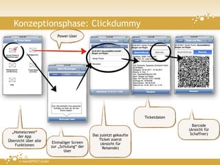 Konzeptionsphase: Clickdummy
                               Power-User




                                                                        Ticketdaten

                                                                                        Barcode
                                                                                      (Ansicht für
  „Homescreen“                                                                         Schaffner)
     der App                                     Das zuletzt gekaufte
Übersicht über alle                                 Ticket zuerst
                            Einmaliger Screen        (Ansicht für
   Funktionen               zur „Schulung“ der        Reisende)
                                   User

      © insertEFFECT GmbH
 