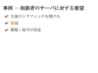 事例 - 相談者のサーバに対する要望
✔ 大量のトラフィックを捌ける
✔ 安価
✔ 構築・保守が容易
 