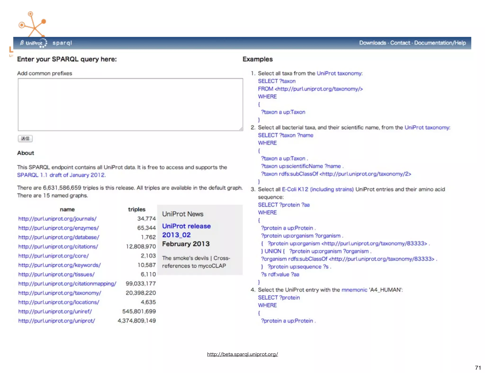 http://beta.sparql.uniprot.org/

                                  71
 