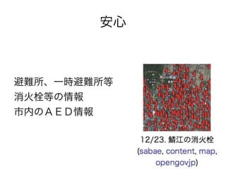 安心



避難所、一時避難所等
消火栓等の情報
市内のＡＥＤ情報
 
