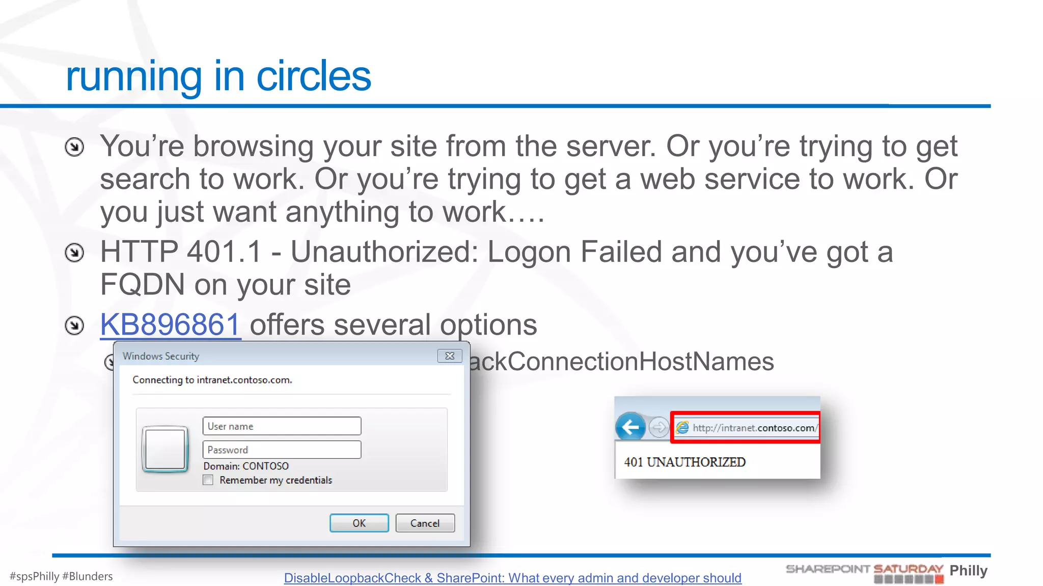 running in circles




                 KB896861




#spsPhilly #Blunders        DisableLoopbackCheck & SharePoint: What every admin and developer should
 