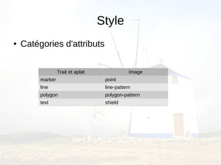 Style
●   Catégories d'attributs


                  Trait et aplat               Image
         marker                     point
         line                       line-pattern
         polygon                    polygon-pattern
         text                       shield
 