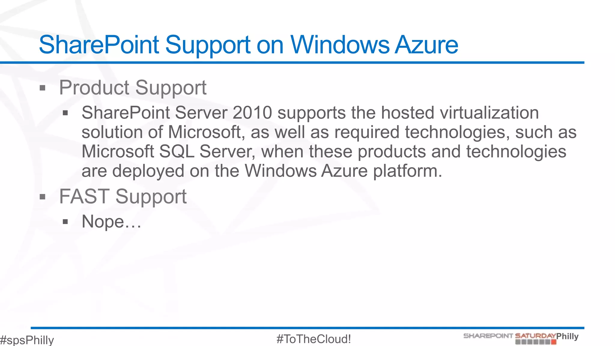 SharePoint Support on Windows Azure
 Product Support




 FAST Support
 