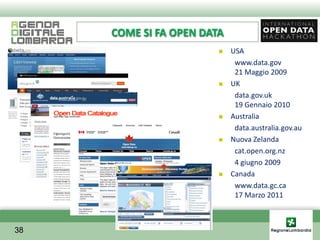 COME SI FA OPEN DATA
                           USA
                             www.data.gov
                             21 Maggio 2009
                           UK
                             data.gov.uk
                             19 Gennaio 2010
                           Australia
                             data.australia.gov.au
                           Nuova Zelanda
                             cat.open.org.nz
                             4 giugno 2009
                           Canada
                             www.data.gc.ca
                             17 Marzo 2011



38
 