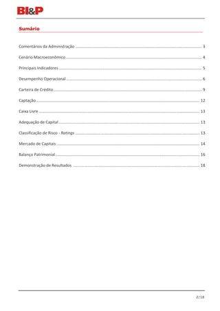 Sumário


Comentários da Administração .................................................................................................................. 3

Cenário Macroeconômico ........................................................................................................................... 4

Principais Indicadores ................................................................................................................................. 5

Desempenho Operacional .......................................................................................................................... 6

Carteira de Crédito...................................................................................................................................... 9

Captação ................................................................................................................................................... 12

Caixa Livre ................................................................................................................................................. 13

Adequação de Capital ............................................................................................................................... 13

Classificação de Risco - Ratings ................................................................................................................ 13

Mercado de Capitais ................................................................................................................................. 14

Balanço Patrimonial .................................................................................................................................. 16

Demonstração de Resultados .................................................................................................................. 18




                                                                                                                                                        2/18
 