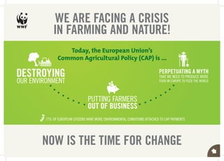 WE ARE FACING A CRISIS
               IN FARMING AND NATURE!
                     Today, the European Union’s
                  Common Agricultural Policy (CAP) is ...

DESTROYING                                                                     PERPETUATING A MYTH
                                                                               THAT WE NEED TO PRODUCE MORE
OUR ENVIRONMENT                                                                FOOD IN EUROPE TO FEED THE WORLD




                                    PUTTING FARMERS
                                    OUT OF BUSINESS
       €   77% OF EUROPEAN CITIZENS WANT MORE ENVIRONMENTAL CONDITIONS ATTACHED TO CAP PAYMENTS




           NOW IS THE TIME FOR CHANGE
 