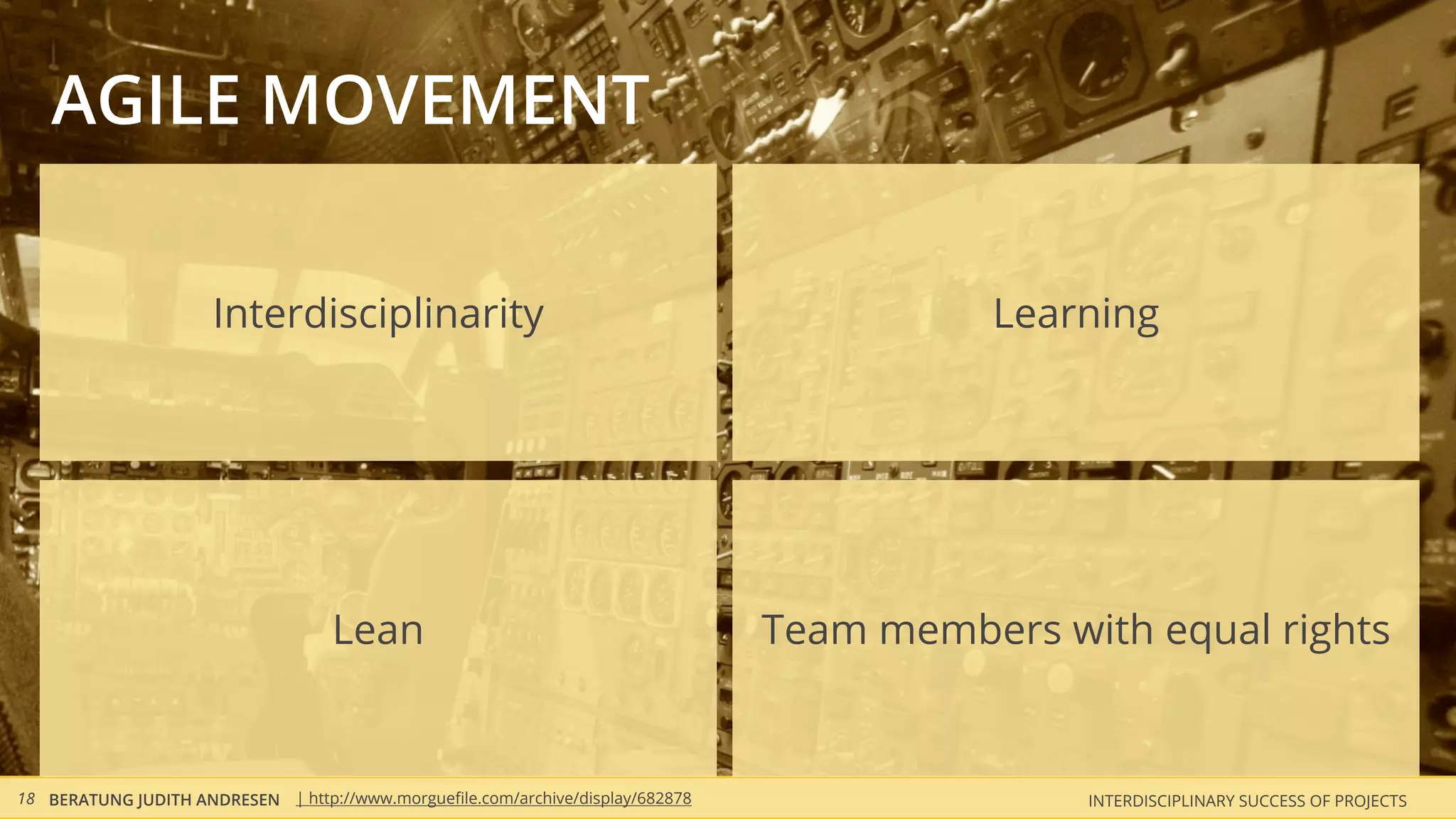 AGILE MOVEMENT

                      Interdisciplinarity                                                  Learning




                                   Lean                                         Team members with equal rights


18 BERATUNG JUDITH ANDRESEN | http://www.morgueﬁle.com/archive/display/682878                  INTERDISCIPLINARY SUCCESS OF PROJECTS
 