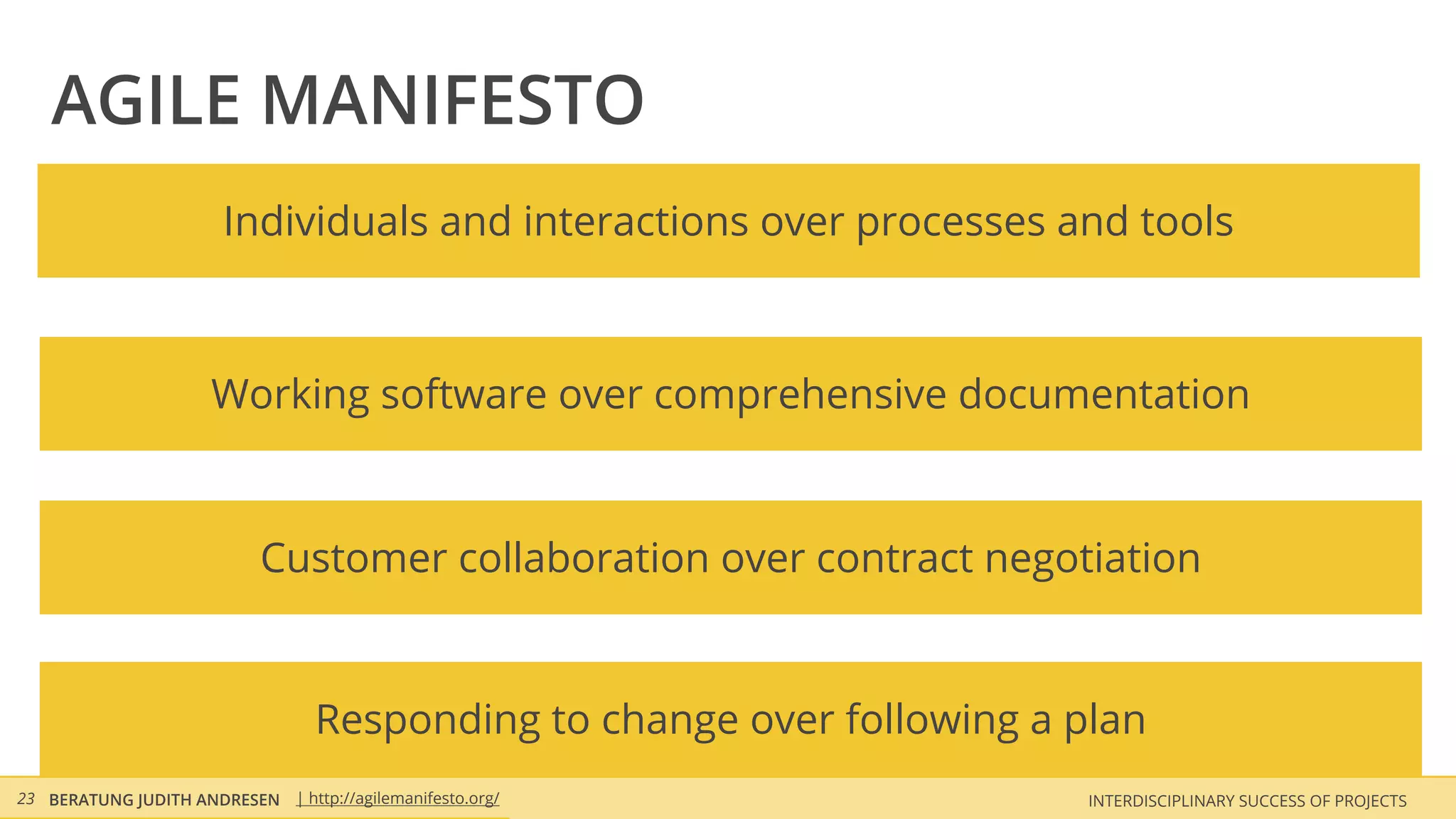 AGILE MANIFESTO
                       Individuals and interactions over processes and tools



                      Working software over comprehensive documentation



                            Customer collaboration over contract negotiation


                                  Responding to change over following a plan
23 BERATUNG JUDITH ANDRESEN | http://agilemanifesto.org/                 INTERDISCIPLINARY SUCCESS OF PROJECTS
 