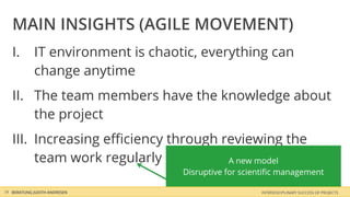 MAIN INSIGHTS (AGILE MOVEMENT)
   I.       IT environment is chaotic, everything can
            change anytime
   II. The team members have the knowledge about
       the project
   III. Increasing eﬃciency through reviewing the
        team work regularly          A new model
                                   Disruptive for scientiﬁc management

19 BERATUNG JUDITH ANDRESEN                           INTERDISCIPLINARY SUCCESS OF PROJECTS
 