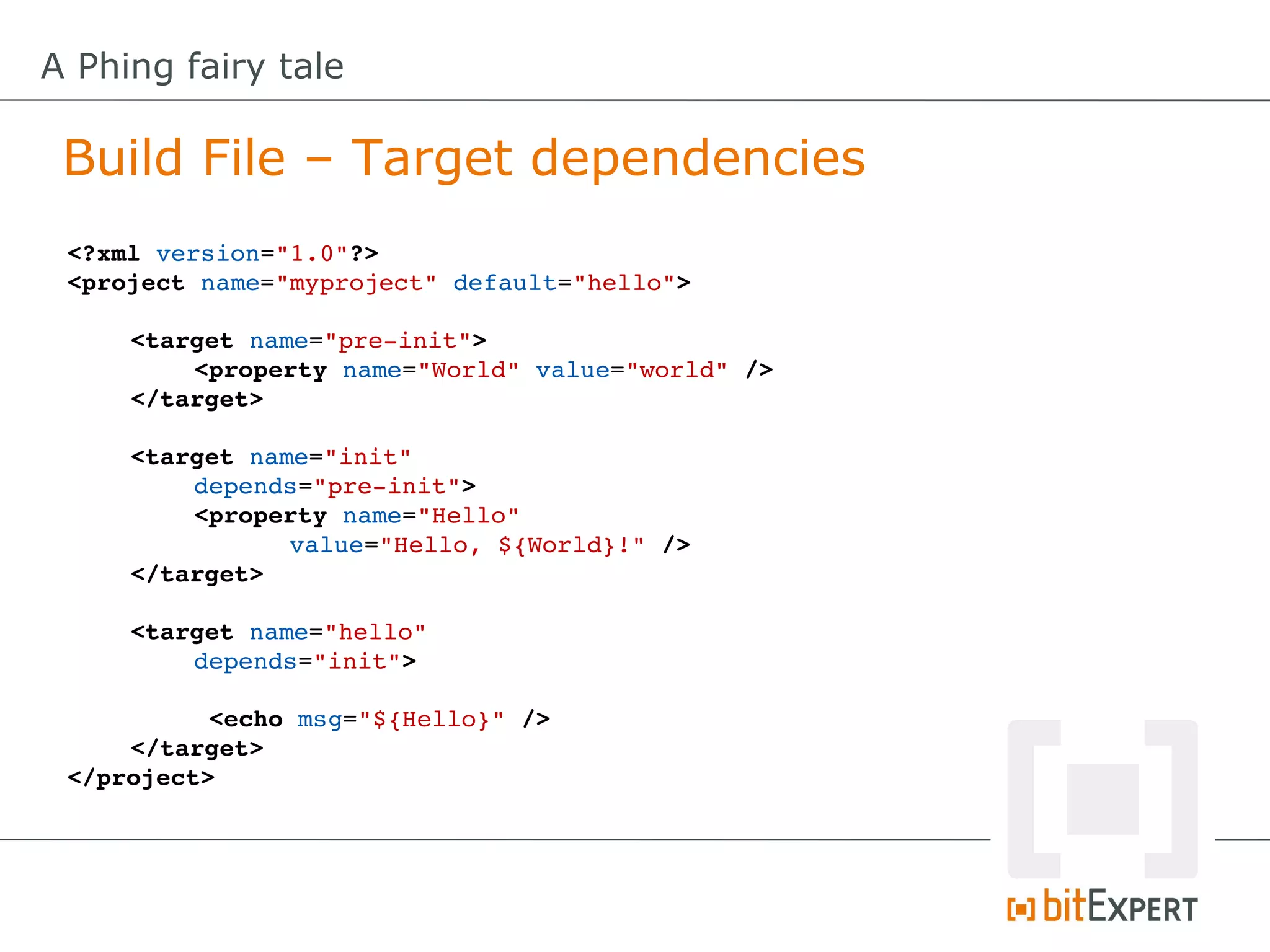 A Phing fairy tale

 Build File – Target dependencies
 <?xml version="1.0"?>
 <project name="myproject" default="hello">

     <target name="pre­init">
         <property name="World" value="world" />
     </target>

     <target name="init" 
          depends="pre­init">
          <property name="Hello" 
                value="Hello, ${World}!" />
     </target>

     <target name="hello" 
         depends="init">

           <echo msg="${Hello}" />
     </target>
 </project>
 