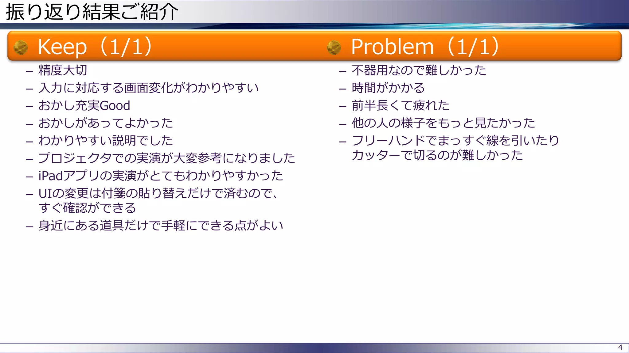 振り返り結果ご紹介
Keep（1/1）
– 精度大切
– 入力に対応する画面変化がわかりやすい
– おかし充実Good
– おかしがあってよかった
– わかりやすい説明でした
– プロジェクタでの実演が大変参考になりました
– iPadアプリの実演がとてもわかりやすかった
– UIの変更は付箋の貼り替えだけで済むので、
すぐ確認ができる
– 身近にある道具だけで手軽にできる点がよい
Problem（1/1）
– 不器用なので難しかった
– 時間がかかる
– 前半長くて疲れた
– 他の人の様子をもっと見たかった
– フリーハンドでまっすぐ線を引いたり
カッターで切るのが難しかった
4
 