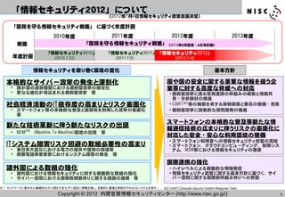 「情報セキュリティ２０１２」について
                                           （2012年7月4日情報セキュリティ政策会議決定）

    「国民を守る情報セキュリティ戦略」 に基づく年度計画
                    2010年度              2011年度       2012年度                                               2013年度
      戦略                          「国民を守る情報セキュリティ戦略」（2010年５月策定・４カ年計画）
                 「情報セキュリティ2010」            「情報セキュリティ2011」「情報セキュリティ2012」
    年度計画            (2010.7.22)              (2011.7.8)            （2012.7.4）


            情報セキュリティを取り巻く環境の変化                                                                 基本方針

  本格的なサイバー攻撃の発生と深刻化                                            国や国の安全に関する重要な情報を扱う企
    • 我が国の政府機関における標的型攻撃の顕在化                                    業等に対する高度な脅威への対応
    • 更なる進化が見込まれる標的型攻撃 等                                        • 標的型攻撃に係る官民連携の枠組みの構築と情報共
                                                                  有・分析検討の推進
  社会経済活動のIT依存度の高まりとリスク表面化                                       • CSIRT※2等の機能を有する体制構築と要員の整備・充実
    • スマートフォン等の本格的な普及と脆弱性を利用した攻撃の表面化                            • 標的型攻撃に効果的な研究開発の推進
      等
                                                               スマートフォンの本格的な普及等新たな情
  新たな技術革新に伴う新たなリスクの出現                                          報通信技術の広まりに伴うリスクの表面化に
    • M2M ※１ (Machine To Machine)環境の出現 等
                                                               対応した安全・安心な利用環境の整備
                                                                • スマートフォン利用者への情報セキュリティ対策の周知
  ITシステム障害リスク回避の取組必要性の高まり                                       • スマートフォン、クラウドコンピューティング、制御シス
    • 東日本大震災における電力の喪失や建物の損壊等                                      テム、M2M等における情報セキュリティの確保
    • 携帯電話事業者等におけるシステム障害の発生 等
                                                               国際連携の強化
  諸外国による取組の強化                                                   • ハイレベルによる戦略的な情報発信
    • 諸外国における情報セキュリティに対する戦略的な取組の強化                              • 情報セキュリティ政策に関する基本方針に基づく、サイ
    • サイバー空間における国際的規範作りに関する議論の進展 等                                バー空間に関する国際的枠組み作りへの参画

※１ ネットワークに繋がれた機械同士が人間を介在せずに相互に情報交換し、自動的に最適な制御が行われるシステムを指す。   ※２ CSIRT:Computer Security Incident Response Team

                     Copyright © 2012 内閣官房情報セキュリティセンター (http://www.nisc.go.jp/)                                    8
 