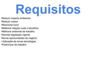 Requisitos
•Reduzir impacto ambiental
•Reduzir custos
•Maximizar lucro
•Melhorar relação custo x benefício
•Melhorar ambiente de trabalho
•Atender legislação vigente
•Novas oportunidades de negócio
• Aplicação de novas tecnologias
•Padronizar de trabalho
 