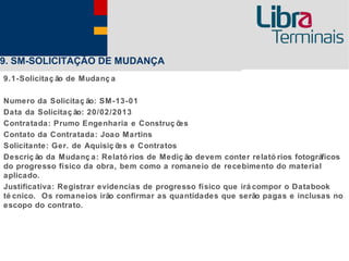 9. SM-SOLICITAÇÃO DE MUDANÇA
9.1-Solicitaç ão de Mudanç a

Numero da Solicitaç ão: SM-13-01
Data da Solicitaç ão: 20/02/2013
Contratada: Prumo Engenharia e Construç õ   es
Contato da Contratada: Joao Martins
Solicitante: Ger. de Aquisiç õ e Contratos
                              es
Descriç ão da Mudanç a: Relató rios de Mediç ão devem conter relató rios fotográficos
do progresso físico da obra, bem como a romaneio de recebimento do material
aplicado.
Justificativa: Registrar evidencias de progresso físico que irá compor o Databook
té cnico. Os romaneios irão confirmar as quantidades que serão pagas e inclusas no
escopo do contrato.
 