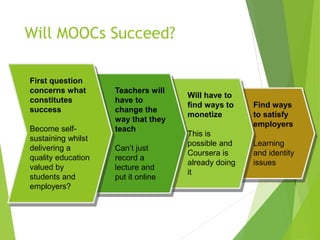 Find ways
to satisfy
employers
Learning
and identity
issues
Will MOOCs Succeed?
Will have to
find ways to
monetize
This is
possible and
Coursera is
already doing
it
Teachers will
have to
change the
way that they
teach
Can’t just
record a
lecture and
put it online
First question
concerns what
constitutes
success
Become self-
sustaining whilst
delivering a
quality education
valued by
students and
employers?
 