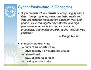 Cyberinfrastructure (e-Research)
•  “Cyberinfrastructure consists of computing systems,
   data storage systems, advanced instruments and
   data repositories, visualization environments, and
   people, all linked together by software and high
   performance networks to improve research
   productivity and enable breakthroughs not otherwise
   possible.”
                                    -- Craig Stewart

•  Infrastructure elements:
    –  parts of an infrastructure,
    –  developed by individuals and groups,
    –  international,
    –  developed for a purpose,
    –  used by a community
 