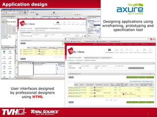 Application design
Designing applications using
wireframing, prototyping and
specification tool
User interfaces designed
by professional designers
using HTML
 