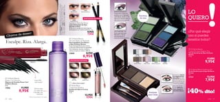 La modelo lleva: Maquillaje Studio Artist SPF 15 Oriﬂame


                                                                       Oriﬂame Beauty 22918 Smoky Black, 22921 Sheer Purple.
                                                                       Beauty 22908 Fair Nude, Máscara de Pestañas Power Curl
                                                                       Oriﬂame Beauty 13966 Black, Trío de Sombras de Ojos
                                                                                                                                         24822
                                                                                                                                      Black Sparkle
                                                                                                                                                           24823
                                                                                                                                                       Shimmering Silver            Divide el párpado en
                                                                                                                                                                                    3 secciones y aplica las                                                                                                                LO
                                                                                                                                                                                                                                                                                                                            QUIERO
                                                                                                                                                                                    sombras con el aplicador
                                                                                                                                                                                    redondeado, desde la más
                                                                                                                                                                                                                                   Sombras
                                                                                                                                                            EXISTENCIAS LIMITADAS   clara en el interior hasta la                   de ojos
                                                                                                                                        24825                                       más oscura en el exterior.
                                                                                                                                    Purple Shimmer
                                                                                                                                  Sparkle in Paris Eye Pencil
                                                                                                                                  Lápiz Delineador de Ojos
                                                                                                                                  Sparkle in Paris
                                                                                                                                  Brillo en tu mirada con estos lápices
                                                                                                                                  delineadores en 3 tonos metálicos. 1 g.
                                                                                                                                                                   9,95€            Usa el aplicador con                                                                                                                    ¿Por qué elegir
                        eo!
             tos de des
                                                                                                                                                                                    forma apuntada para
                                                                                                                                                                   7,95€
¡Obje
                                                                                                                                                                                    difuminar y marcar
                                                                                                                                                                                    correctamente el                                                                                                                        uno si puedes
                                                                                                                                                                                    contorno de las sombras.
                                                                                                                                    Oriﬂame Beauty
                                                                                                                                                                                                                                                                                                                            tenerlos todos?
Esculpe. Riza. Alarga.                                                                                                            All-over Make-up Remover
                                                                                                                                  Desmaquillante para Rostro
                                                                                                                                  y Ojos Oriﬂame Beauty                                                             2292
                                                                                                                                                                                                                        2 Shim
                                                                                                                                  Suave desmaquillante para rostro                                                              merin
                                                                                                                                                                                                                                     g Gre
                                                                                                                                  y ojos que elimina hasta el maquillaje                                                                  en
                                                                                                                                                                                                                                                                                                                
                                                                                                                                  más resistente. Suaviza, toniﬁca y                                                                                                                                                         Oriﬂame Beauty
                                                                                                                      
                                                                                                                                  refresca la piel sin resecar. 100 ml.                                                                                                                                                     Colour Pro Eye Shadow Trio
                                                                                                                                                                 8,95€




                                                                                                                                                                                                                                                                                                        lue
                                                                                                                                  22860                                                                                                                                                                                     Trío de Sombras de Ojos Oriﬂame




                                                                                                                                                                                                                                                                                                        lB
                                                                                                                                                          6,95€




                                                                                                                                                                                                                                                                                                    ya
                                                                                                                                                                                                                             22918               22919                                                                      Beauty




                                                                                                                                                                                                                                                                                                  Ro
                                                                                                                                                                                                                                                                                                                            2 .7 g.




                                                                                                                                                                                                                                                                                                    3
                                                                                                                                                                                                                           Smoky Black         Smoky Brown




                                                                                                                                                                                                                                                                                                 92
                                                                                                                                                                                                                                                                                              22
                                                                                                                                                                                                                                                                                                                                                   17,00€
                                  13966 Black
                                                                                                                                   EXISTENCIAS LIMITADAS

                                                                                                                                                                                                              
                                                                                                                                                                                                                          22920
                                                                                                                                                                                                                       Bronzed Taupe
                                                                                                                                                                                                                                                  22921
                                                                                                                                                                                                                                               Sheer Purple
                                                                                                                                                                                                                                                                   22922
                                                                                                                                                                                                                                                              Shimmering Green
                                                                                                                                                                                                                                                                                  22923
                                                                                                                                                                                                                                                                                 Royal Blue
                                                                                                                                                                                                                                                                                                                                                 9,95€
                                                                                                                                         25092              25093                                                                                                                                                            Oriﬂame Beauty Eyebrow Kit
                                                                                                                                      Frosted White      Sand Shimmer
                                                                                                                                                                            
                                                                                                                                                                                                                                                                                                                            Kit de Sombras para Cejas Oriﬂame
                                                                                                                                                                                                                                                                                                                            Beauty
                                                                                                                                                                                                                                                                                                   Gracias a la forma       3 g.
                                                                                                                                                                                                                                                                                                   en ángulo de las         21241                  13,95€
                                                                                                                                                                                                                                                                                                                                                 7,95€
 Oriﬂame Beauty                                                                                                                         25094              25096
                                                                                                                                                                                                                                                                                                   brochitas, es más
                                                                                                                                                                                                                                                                                                   brochitas
                                                                                                                                                                                                                                                                                                   sencilla la aplicación
Power Curl Mascara                         Hasta 90%                                                                                    Bare Pink        Golden Green
                                                                                                                                                                                                                                                                                                   de las sombras con
Máscara de Pestañas Power Curl             más rizadas*                                                                                                                                                                                                                                            pequeños toques.
Oriﬂame Beauty                                                                                                                           ¡Última Oportunidad!
8 ml.                                                                                                                              Velvet Blaze                                                                                                                                                   Para dar forma
                     11,95€
                                                                                                                                                                                                                                                                                                                            ¡40% dto!
13966                                      Elimina hasta
                                                                                                                                  Cream Eye Shadow                                                                                                                                                 y ﬁjar aplica la

                 8,95€
                                                                                                                                  Sombra de Ojos en Crema                                                                                                                                          cera usando la
                                          los restos del                                                                          Velvet                                                                                                                                                           brochita blanca.
                                         maquillaje más                                                                           3 ml.                                                                                                                 Sombras
                                              resistente
                                                                                                                                                                12,95€                                                                                 para Cejas
                                 *Clínicamente testado en 96 mujeres                                                                                             9,95€
42   color                                                                                                                                                                                                                                                                                                                                           color    43
 
