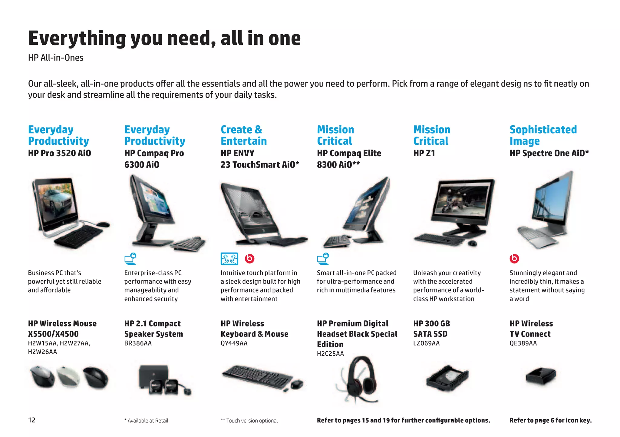 Everything you need, all in one
HP All-in-Ones

Our all-sleek, all-in-one products offer all the essentials and all the power you need to perform. Pick from a range of elegant desig ns to fit neatly on
your desk and streamline all the requirements of your daily tasks.


Everyday                       Everyday                Create &                         Mission                         Mission                      Sophisticated
Productivity                   Productivity            Entertain                        Critical                        Critical                     Image
HP Pro 3520 AiO                HP Compaq Pro           HP ENVY                          HP Compaq Elite                 HP Z1                        HP Spectre One AiO*
                               6300 AiO                23 TouchSmart AiO*               8300 AiO**




                              HP ProtectTools                                          HP ProtectTools

Business PC that’s             Enterprise-class PC     Intuitive touch platform in      Smart all-in-one PC packed      Unleash your creativity      Stunningly elegant and
powerful yet still reliable    performance with easy   a sleek design built for high    for ultra-performance and       with the accelerated         incredibly thin, it makes a
and affordable                 manageability and       performance and packed           rich in multimedia features     performance of a world-­     statement without saying
                               enhanced security       with entertainment                                               class HP workstation         a word


HP Wireless Mouse              HP 2.1 Compact          HP Wireless                      HP Premium Digital              HP 300 GB                    HP Wireless
X5500/X4500                    Speaker System          Keyboard & Mouse                 Headset Black Special           SATA SSD                     TV Connect
H2W15AA, H2W27AA,              BR386AA                 QY449AA                          Edition                         LZ069AA                      QE389AA
H2W26AA                                                                                 H2C25AA




12                             * Available at Retail   ** Touch version optional        Refer to pages 15 and 19 for further configurable options.   Refer to page 6 for icon key.
 