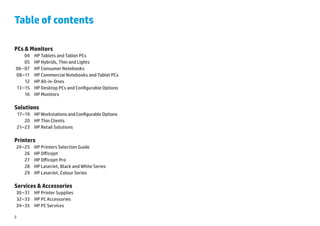 Table of contents

PCs & Monitors	
       04	   HP Tablets and Tablet PCs 	
       05	   HP Hybrids, Thin and Lights
	 06 – 07	   HP Consumer Notebooks
	 08 –11	    HP Commercial Notebooks and Tablet PCs 	
       12	   HP All-in-Ones
  13 –15	    HP Desktop PCs and Configurable Options 	
       16	   HP Monitors

Solutions
    17–19	 HP Workstations and Configurable Options 	
       20	 HP Thin Clients 	
    21–23	 HP Retail Solutions

Printers
	 24 –25	    HP Printers Selection Guide
      26 	   HP Officejet
      27 	   HP Officejet Pro 	
      28 	   HP LaserJet, Black and White Series 	
      29 	   HP LaserJet, Colour Series

Services & Accessories
	 30 –31 	 HP Printer Supplies
	 32–33 	 HP PC Accessories
	 34 –35 	 HP PC Services

2
 