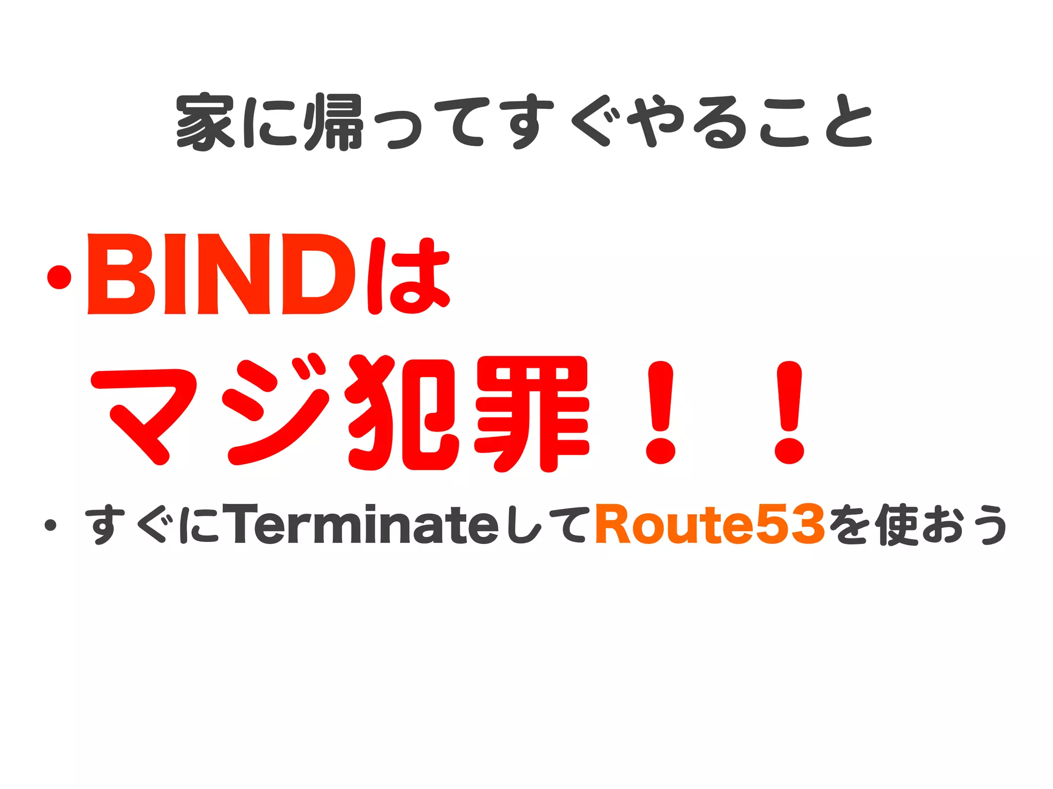 家に帰ってすぐやること  

• BINDは  
 マジ犯罪！！  
•  すぐにTerminateしてRoute53を使おう  
 