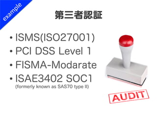 第三者認証  

•  ISMS(ISO27001)
•  PCI DSS Level 1
•  FISMA-Modarate
•  ISAE3402 SOC1
 (formerly known as SAS70 type II)
 