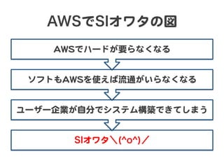 AWSでSIオワタの図  
    AAWWSSでハードが要らなくなる  


 ソフトもAAWWSSを使えば流通がいらなくなる  


ユーザー企業が自分でシステム構築できてしまう  


       SIオワタ＼(^o^)／
 