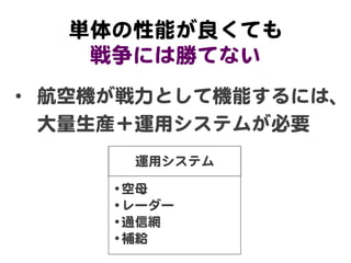 単体の性能が良くても  
    戦争には勝てない  
•  航空機が戦力として機能するには、  
   大量生産＋運用システムが必要  
        運用システム  

      • 空母  
      • レーダー  
      ...