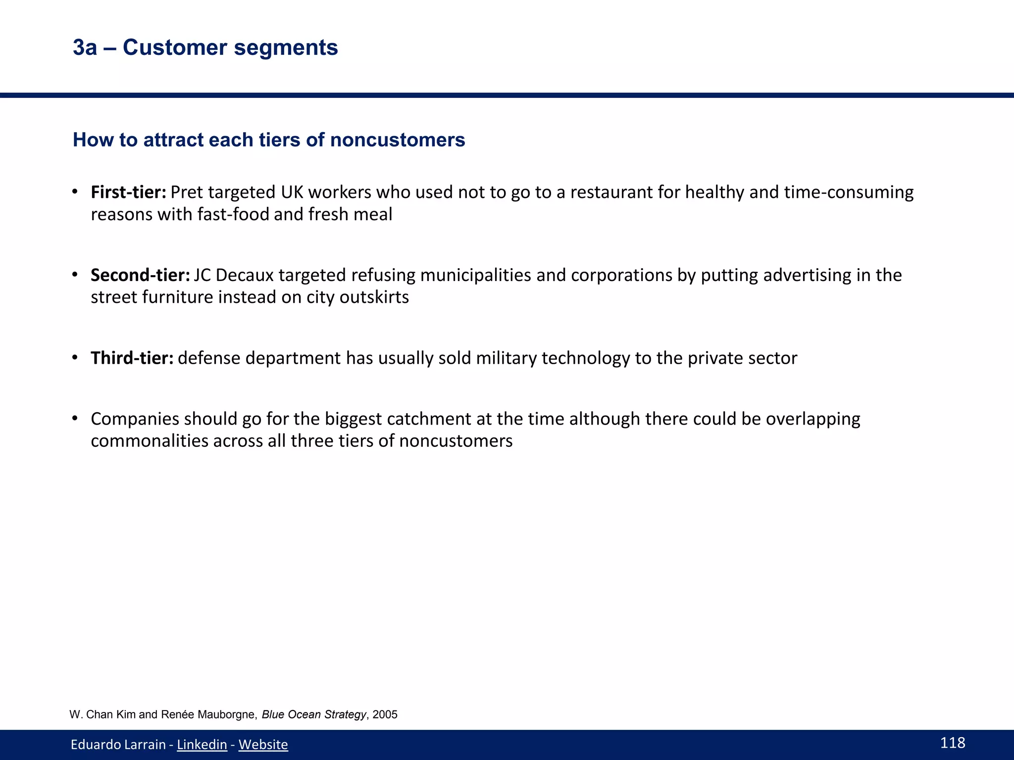 3a – Customer segments



How to attract each tiers of noncustomers

• First-tier: Pret targeted UK workers who used not to go to a restaurant for healthy and time-consuming
  reasons with fast-food and fresh meal


• Second-tier: JC Decaux targeted refusing municipalities and corporations by putting advertising in the
  street furniture instead on city outskirts


• Third-tier: defense department has usually sold military technology to the private sector


• Companies should go for the biggest catchment at the time although there could be overlapping
  commonalities across all three tiers of noncustomers




W. Chan Kim and Renée Mauborgne, Blue Ocean Strategy, 2005

Eduardo Larrain - Linkedin - Website                                                                       118
 