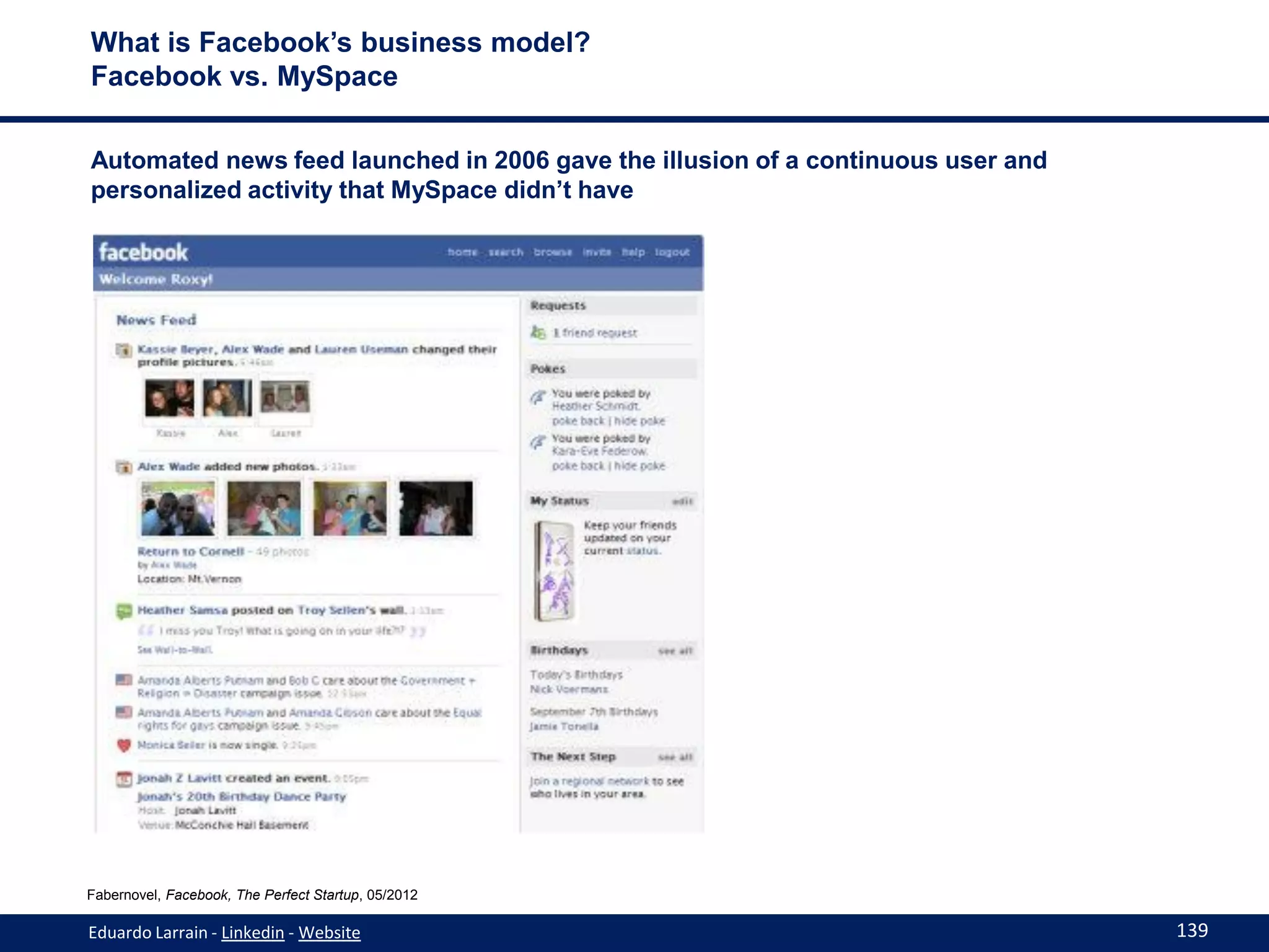 What is Facebook’s business model?
Facebook vs. MySpace

Automated news feed launched in 2006 gave the illusion of a continuous user and
personalized activity that MySpace didn’t have




Fabernovel, Facebook, The Perfect Startup, 05/2012

Eduardo Larrain - Linkedin - Website                                              139
 