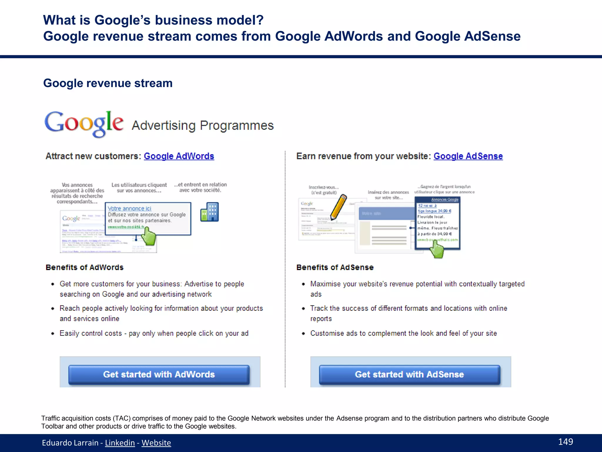 What is Google’s business model?
Google revenue stream comes from Google AdWords and Google AdSense


Google revenue stream




Traffic acquisition costs (TAC) comprises of money paid to the Google Network websites under the Adsense program and to the distribution partners who distribute Google
Toolbar and other products or drive traffic to the Google websites.

Eduardo Larrain - Linkedin - Website                                                                                                                                      149
 