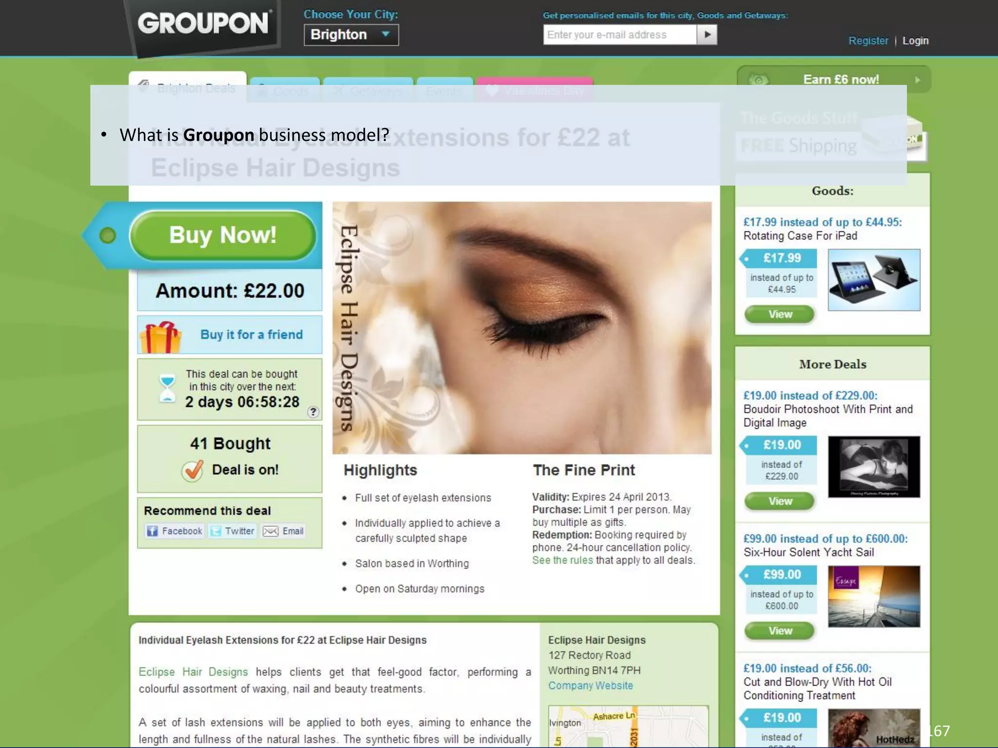 • What is Groupon business model?




Eduardo Larrain - Linkedin - Website     167
 