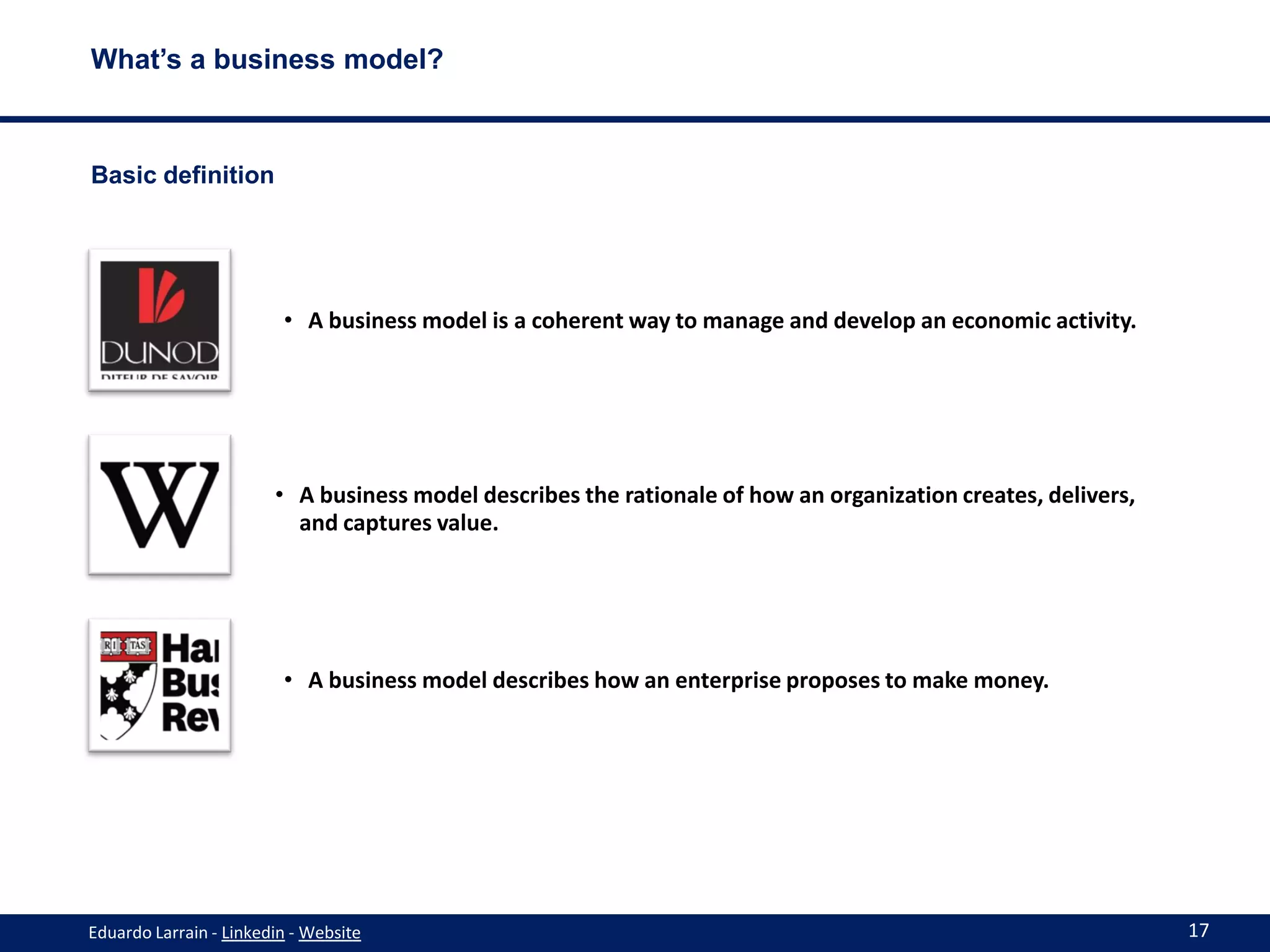 What’s a business model?



Basic definition




                         • A business model is a coherent way to manage and develop an economic activity.




                        • A business model describes the rationale of how an organization creates, delivers,
                          and captures value.




                         • A business model describes how an enterprise proposes to make money.




Eduardo Larrain - Linkedin - Website                                                                           17
 