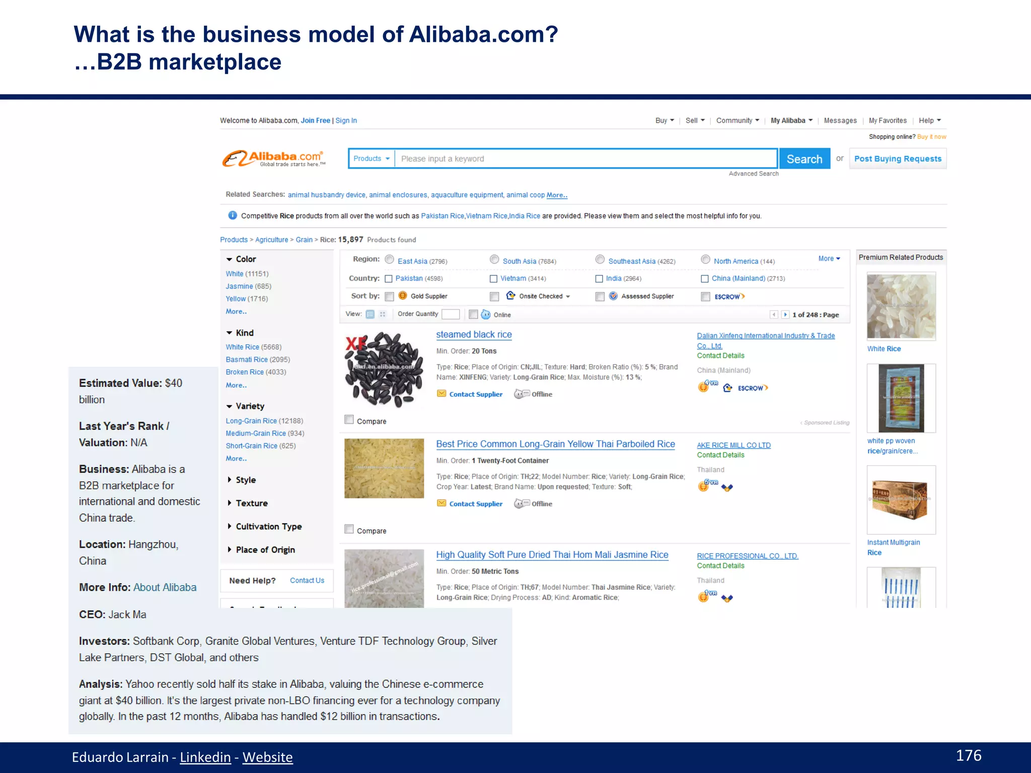 What is the business model of Alibaba.com?
…B2B marketplace




Eduardo Larrain - Linkedin - Website         176
 
