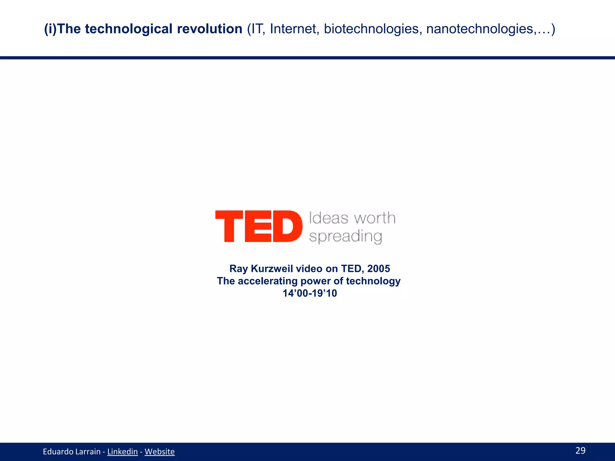 (i)The technological revolution (IT, Internet, biotechnologies, nanotechnologies,…)




                                         Ray Kurzweil video on TED, 2005
                                       The accelerating power of technology
                                                    14’00-19’10




Eduardo Larrain - Linkedin - Website                                                  29
 