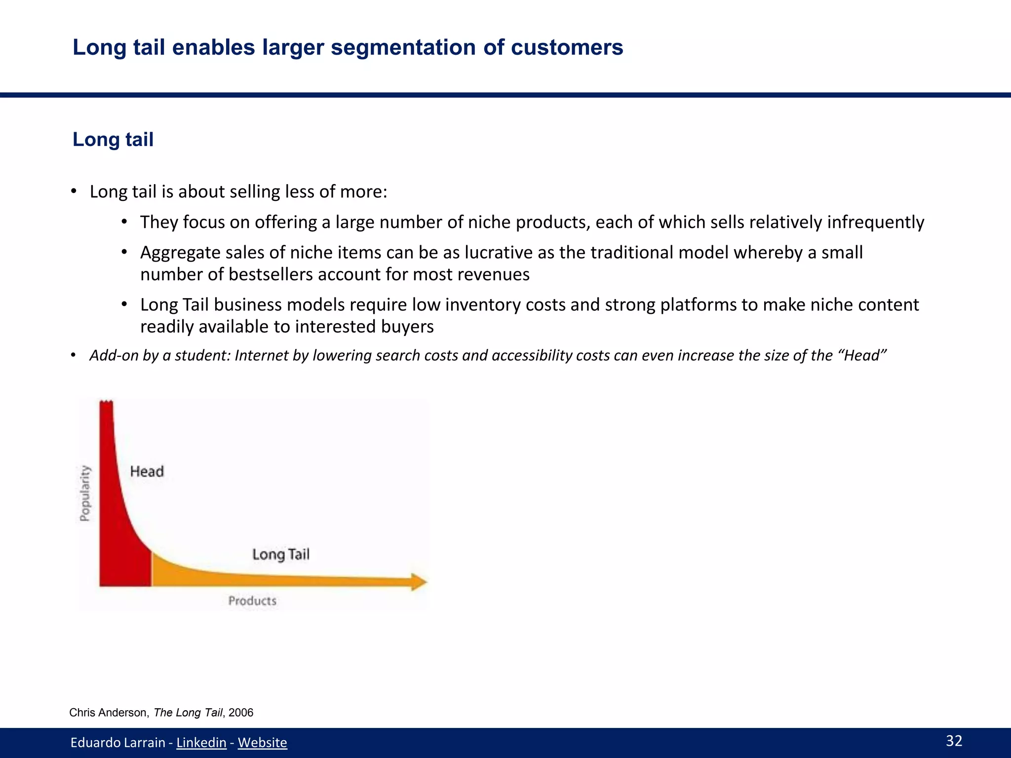 Long tail enables larger segmentation of customers



Long tail

• Long tail is about selling less of more:
         • They focus on offering a large number of niche products, each of which sells relatively infrequently
         • Aggregate sales of niche items can be as lucrative as the traditional model whereby a small
           number of bestsellers account for most revenues
         • Long Tail business models require low inventory costs and strong platforms to make niche content
           readily available to interested buyers
• Add-on by a student: Internet by lowering search costs and accessibility costs can even increase the size of the “Head”




Chris Anderson, The Long Tail, 2006

Eduardo Larrain - Linkedin - Website                                                                                        32
 