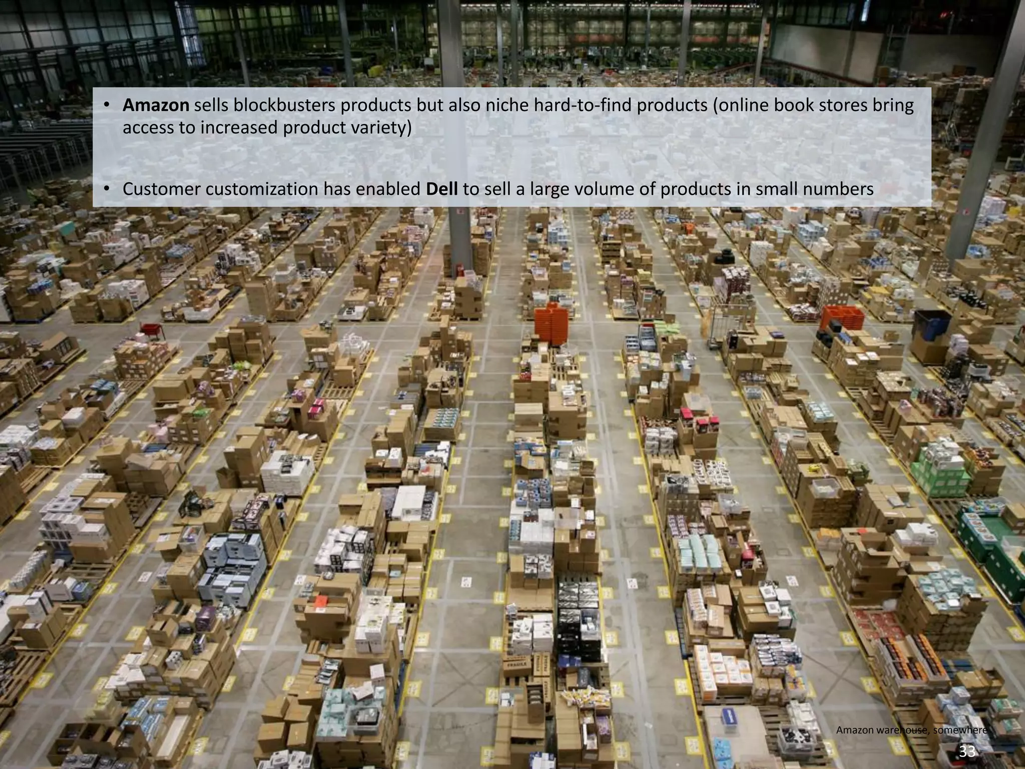 • Amazon sells blockbusters products but also niche hard-to-find products (online book stores bring
       access to increased product variety)


     • Customer customization has enabled Dell to sell a large volume of products in small numbers




                                                                                              Amazon warehouse, somewhere

Eduardo Larrain - Linkedin - Website                                                                               33
 