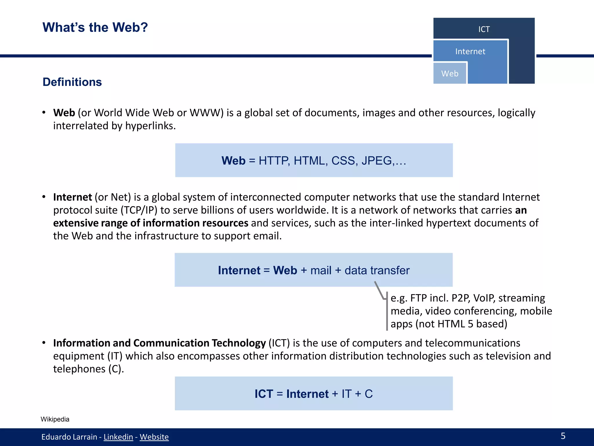 What’s the Web?                                                                               ICT

                                                                                        Internet

                                                                                     Web
Definitions

• Web (or World Wide Web or WWW) is a global set of documents, images and other resources, logically
  interrelated by hyperlinks.


                                       Web = HTTP, HTML, CSS, JPEG,…


• Internet (or Net) is a global system of interconnected computer networks that use the standard Internet
  protocol suite (TCP/IP) to serve billions of users worldwide. It is a network of networks that carries an
  extensive range of information resources and services, such as the inter-linked hypertext documents of
  the Web and the infrastructure to support email.


                                       Internet = Web + mail + data transfer

                                                                          e.g. FTP incl. P2P, VoIP, streaming
                                                                          media, video conferencing, mobile
                                                                          apps (not HTML 5 based)
• Information and Communication Technology (ICT) is the use of computers and telecommunications
  equipment (IT) which also encompasses other information distribution technologies such as television and
  telephones (C).

                                              ICT = Internet + IT + C

Wikipedia

Eduardo Larrain - Linkedin - Website                                                                            5
 