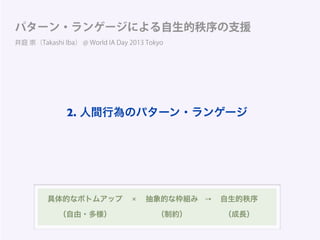 パターン・ランゲージによる自生的秩序の支援
井庭 崇（Takashi Iba） @ World IA Day 2013 Tokyo
具体的なボトムアップ 抽象的な枠組み 自生的秩序
（自由・多様） （制約） （成長）
× →
2. 人間行為のパターン・ランゲージ
 