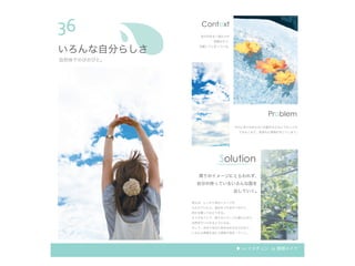 36
いろんな自分らしさ
自然体でのびのびと。
Solution
Context
Problem
自分のある一面だけが
強調されて、
定着してしまっている。
それに当てはまらない印象を与えるようなことが
できなくなり、気持ちに無理が生じてしまう。
周りのイメージにとらわれず、
自分の持っているいろんな面を
出していく。
例えば、しっかり者のイメージを
もたれていたら、悩みをうちあけてみたり、
何かを頼ってみたりする。
そうすることで、周りのイメージに縛られずに、
自然体でいられるようになる。
そして、自分で自分に枠をはめるのではなく、
いろんな感情を含む人間味が深まっていく。
▶ 11. イメチェン 13. 素顔メイク
 