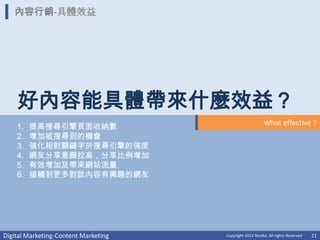 內容行銷-具體效益




    好內容能具體帶來什麼效益？
                                                          What effective ?
    1.   提高搜尋引擎頁面收納數
    2.   增加被搜尋到的機會
    3.   強化相對關鍵字於搜尋引擎的強度
    4.   網友分享意願拉高，分享比例增加
    5.   有效增加及帶來網站流量
    6.   接觸到更多對該內容有興趣的網友




Digital Marketing-Content Marketing   Copyright 2012 Norika. All rights Reserved   21
 